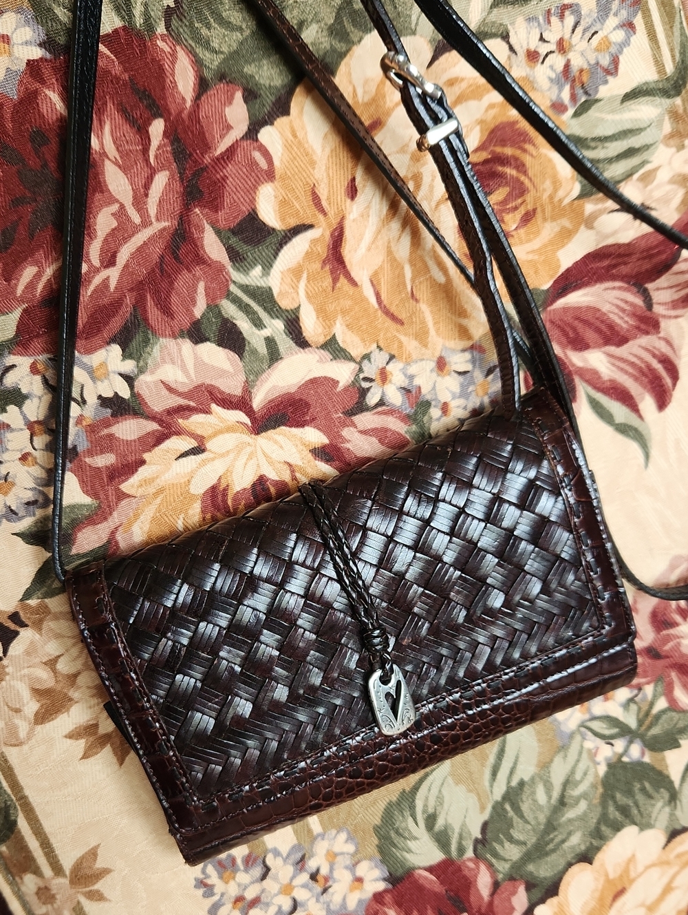 Brighton Leather Organizer Purse Woven Croc Embossed Crossbody Brown